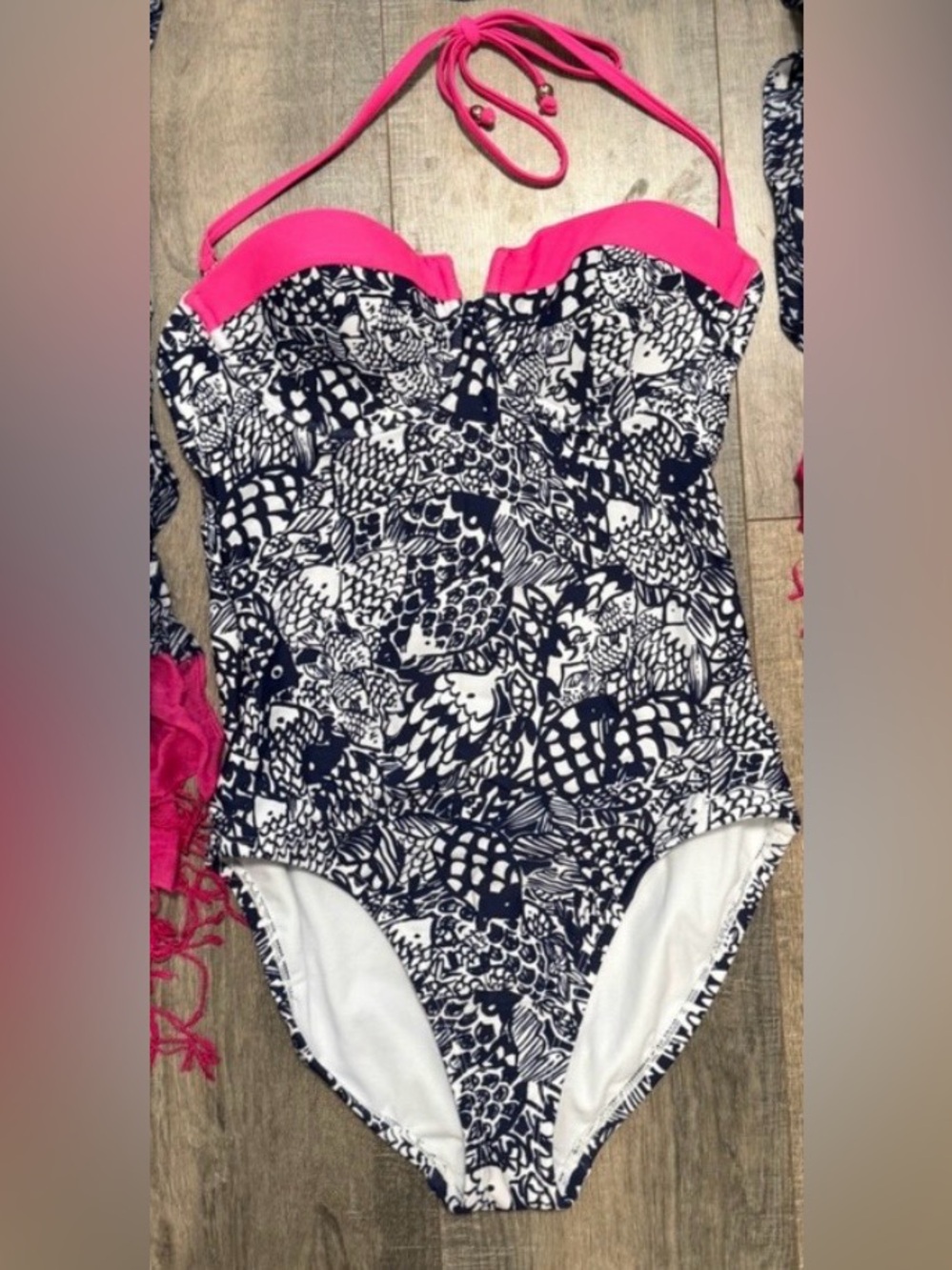 Lilly Pulitzer for Target One Piece Swimsuit Navy White Pink Fish Size small